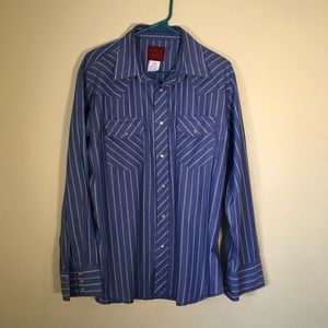 Rustler Western Blue Striped Pearl Snap Mens Large